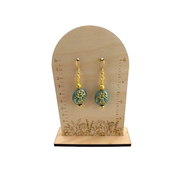 Sky Blue Gold Dusted Bee Earrings Gold Plated French Hook Ear Wires - Picture 6 of 9